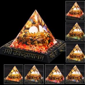Orgone Pyramid with Glowing Display Stand – Healing Crystals Pyramids Featuring Tiger’s Eye Stones and Sanskrit-Inspired Design, Chakra Reiki Energy Generator for Wealth, Stress Relief, Meditation