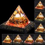 Orgone Pyramid with Glowing Display Stand – Healing Crystals Pyramids Featuring Tiger’s Eye Stones and Sanskrit-Inspired Design, Chakra Reiki Energy Generator for Wealth, Stress Relief, Meditation