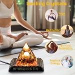 Orgone Pyramid with Glowing Display Stand – Healing Crystals Pyramids Featuring Tiger’s Eye Stones and Sanskrit-Inspired Design, Chakra Reiki Energy Generator for Wealth, Stress Relief, Meditation