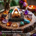Orgone Pyramid with Glowing Display Stand – Healing Crystals Pyramids Featuring Tiger’s Eye Stones and Sanskrit-Inspired Design, Chakra Reiki Energy Generator for Wealth, Stress Relief, Meditation