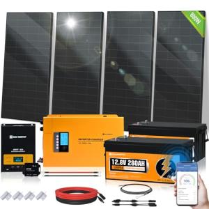 ECO-WORTHY 7.168KWH 800W Solar Panel Kit for RV Off Grid Complete System with 4PCS HPBC 200W Solar Panels, 3000W UPS Inverter Charger, 2PC 12.8V 280AH Lithium Batteries, 60A MPPT Controller Bluetooth