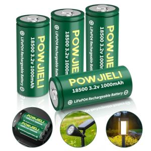 POWJIELI 18500 3.2V 1000mAh 3.2wh Rechargeable Solar Batteries,LiFePO4 18500 3.2 Volt Rechargeable Li-ion Battery for Outdoor Garden Solar Lights,Flashlight,Home Devices (4Pack)