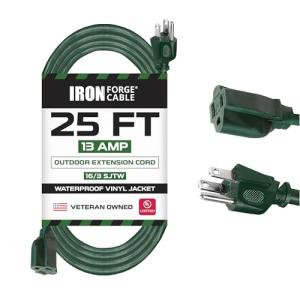 Iron Forge Cable Weatherproof 25 Ft Outdoor Extension Cord - 16/3 SJTW Heavy Duty Green Extension Cord 3 Prong - 13 Amp Exterior Power Cable