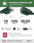Iron Forge Cable Weatherproof 25 Ft Outdoor Extension Cord - 16/3 SJTW Heavy Duty Green Extension Cord 3 Prong - 13 Amp Exterior Power Cable