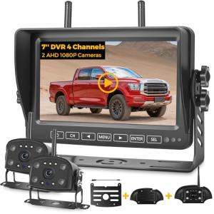 Wireless Backup Camera System, 2 HD 1080P Cameras with 7" IPS Touch Screen Monitor, IP69 Waterproof, IR Night Vision, 4 Channels Loop Recording for Truck, RV, Trailer, Car and Camper