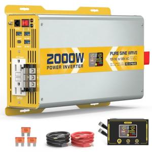 XWJNE 2000W Pure Sine Wave Power Inverter 12V DC to 120V GFCI AC Converter with LCD Display and Remote for Home, RV, Truck, Off-Grid Solar Power