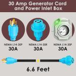 CircleCord 4 Prong 6.6 Feet 30 Amp Generator Extension Cord and Inlet Box with Locking Connector, Heavy Duty NEMA L14-30P/L14-30R, 125/250V 7500W 10 Gauge SJTW Generator to House Power Cord (6.6 Feet)