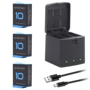 ANCBD 3-Pack Hero 10 Batteries for GoPro Hero 12, Hero 11, Hero 10, Hero 9 Black Sport Action Camera with 3 Channel Battery Charging Station Power Fast Portable Accessory High Capacity