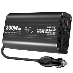 Pure Sine Wave Car Inverter 200 Watt 12V DC to 110V 120V AC Car Power Inverter Converter with 30W PD USB-C & QC3.0 USB-A Fast Charging for Vehicle Truck RV by Leesky