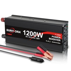 Sunivora 1200 Watt Inverter 12V DC to 110V/120V AC 60HZ 2400 Watt(Peak) Car Power Inverter with 2 AC Outlets & Dual USB Ports for Car Vehicle Truck Camping