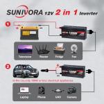 Sunivora 1200 Watt Inverter 12V DC to 110V/120V AC 60HZ 2400 Watt(Peak) Car Power Inverter with 2 AC Outlets & Dual USB Ports for Car Vehicle Truck Camping