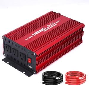 POWTDEAR Power Inverter 2000 Watt, Modified Sine Wave Power Converter 2000W DC 12V to 110V AC Car Inverter with 2.4A USB Ports 3 AC Outlets Red