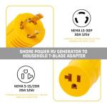 30 Amp Shore Power RV Generator Adapter Compatible with NEMA L5-30P to 5-15/5-20R Marine 30 Amp to 110V 15 Amp/120V 20 Amp Household Regular Inlet Connector, 3-Prong Locking Generator Cord