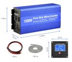 Fit4Less Pure Sine Wave Power Inverter DC12V to AC 110V with Dual sockets and USB, LCD Remote kit. (1500W)