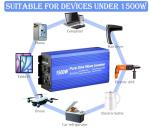 Fit4Less Pure Sine Wave Power Inverter DC12V to AC 110V with Dual sockets and USB, LCD Remote kit. (1500W)