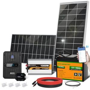 ECO-WORTHY 1.6KWH Complete Solar Panel Kit 390W 12V for RV Home Off Grid Yard: 195W Solar Panels*2 + 1000W Solar Inverter+12V 100Ah Lithium Battery+ 40A MPPT Charge Controller + Bluetooth Module