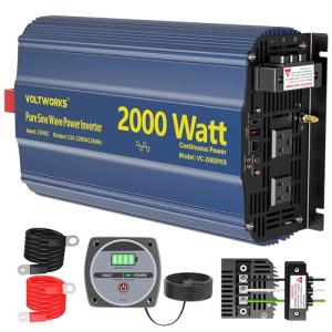 Power Inverter 2000Watt Pure Sine Wave Inverter 12V to 110V 120V AC with PD36W USB-C 40A AC Terminal Blocks Builtin UL Fuse Compatible with Lithium Battery Starlink for Car Off-Grid Solar RV VOLTWORKS