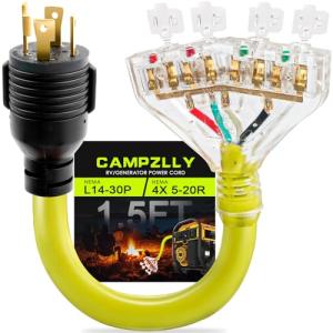 Campzlly 30 Amp to 20 Amp 110 Generator RV Adapter Cord, NEMA L14-30P to 4X 5-15R/5-20R Generator Distribution Adapter, STW 10 AGW, 1.5FT, ETL Listed
