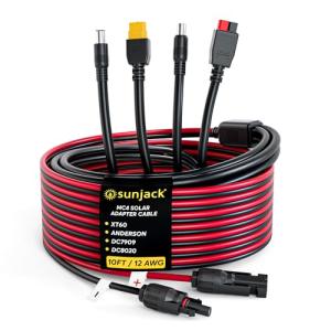 SunJack MC4 Solar Panel to Portable Power Station Adapter Cable, XT60 / Anderson / DC7909 and DC8020 (8mm) Plug Connectors, Charge Solar Powered Generator Battery (12AWG, 10FT/3M)