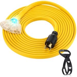 Tellegloww 25 ft RV Generator Flat Extension Cord Compatible with NEMA L5-30P to 3X 5-20R/5-15R, 30A 3Prong Lock Generator to 110V 15/20A Outlet Distribution Adapter 10 Gauge ETL Listed, Yellow