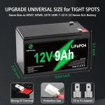 12V 9Ah Rechargeable Lithium Battery 2 Pack, 4000+ Deep Cycle LiFePO4 12 volt 9 amp Replacement for Alarm System, Universal 6FM9 1290 SLA Battery, Ride on Toys, Fish Finder, 15A BMS, F1 F2 Terminal