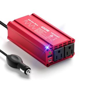 400W Peak Clipped Sine Wave Car Power Inverter DC 12V to AC(2 Outlets) 110V Car Charger Plug Adapter Power Converter with PD3.0 & QC18W Dual USB Charging Ports