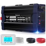 4000W Pure Sine Wave Inverter,Peak Power 8000W 12V DC to AC 110V120V,Remote Control with 2AC Outlets and USB Port,LED Display for Power Converter,Outdoor Activities,Emergency,Vehicles Truck RV Solar