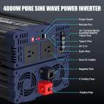 4000W Pure Sine Wave Inverter,Peak Power 8000W 12V DC to AC 110V120V,Remote Control with 2AC Outlets and USB Port,LED Display for Power Converter,Outdoor Activities,Emergency,Vehicles Truck RV Solar