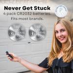 Garage Door Opener Battery - 4 Pack CR2032 Button Lithium 3V | Replacement Power for Major Remotes, Keypads, Sensors