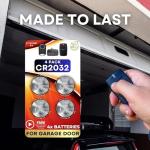 Garage Door Opener Battery - 4 Pack CR2032 Button Lithium 3V | Replacement Power for Major Remotes, Keypads, Sensors