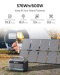 Portable Power Station 600W (1200W Surge) with 100W Solar Panel Included, 576Wh LiFePO4 Solar Generator, 1Hr Fast Charging, 100W USB-C PD Output, Power Bank for Home Emergency, Camping, RV, CPAP