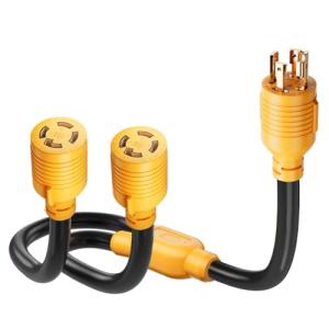 MECMO 4 Prong 30 Amp Generator Splitter Y Adapter NEMA L14-30P to 2x L14-30R, 10 AWG SJTW Generator Locking Power Cord Cable 3FT for Manual Transfer Switch, Portable Generators, Outages 125/250V 7500W