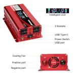 Cantonape 1000W/2000W(Peak) Car Power Inverter DC 12V/24V to 110V AC Converter with LCD Display Dual AC Outlets 3.0A USB and Type-C Car Charger for Car Home Laptop Truck Red