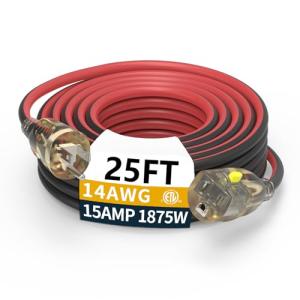 25FT 14/3 Gauge Heavy Duty Outdoor Extension Cord Waterproof with Locking LED Lighted Plugs, SJEOW All-Weather Jacket (-50°C to 105°C), 15amp 1875W, 3 Prong, ETL Certified