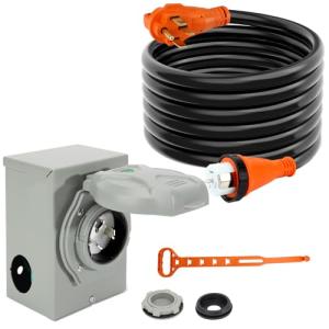 2 Years Warranty, OPL5 50 Amp Generator Cord 25FT and Power Inlet Box (Pre-Drilled),125/250 Volts, STW 6/3+8/1 AWG, NEMA 14-50P to SS2-50R Generator Cord Waterproof Combo Kit, ETL&CSA Listed (25FT)