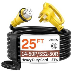 25FT 50 Amp Generator Cord, NEMA 14-50P/SS2-50R Heavy-Duty 4 Conductors Cable, Pure Copper STW RV Extension Cord, Female Plug with Twist Lock, Suitable for RV or Camper, ETL Listed