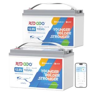 Redodo 2 Pack 12V 100Ah LiFePO4 Battery Bluetooth, Group 31 Lithium Battery, 5P5S, 100A BMS, Peak 500A Current, Up to 15000 Deep Cycles, Perfect for Trolling Motor, Golf Cart, RV, Solar Home