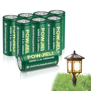 POWJIELI 18500 Rechargeable Solar Batteries 3.2V, LiFePO4 1000mAh 3.2v Lithium Battery for Outdoor Garden Solar Lights, Flashlight (8 Pack)