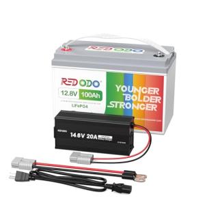 Redodo 12.8V 100Ah LiFePO4 Battery with 14.6V 20A Lithium Battery Charger; Built-in 100A BMS, 5 Hours Fast and Fully Charging, 4000 Cycles Battery for RV, Camping, Solar Home, Marine, Boat etc
