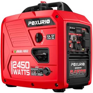 POXURIO 2450-Watt Dual Fuel Inverter Generator for Home Use, 1.6Gallon Large Fuel Tank Up to 8.3 Hours Use, 120V Gas Powered Generator Super Quiet - EPA Compliant, Red