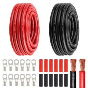 6 Awg Battery Power Cable -20FT Red + 20FT Black 6 Gauge Flexible Welding Cable OFC Copper Wire with Lugs Terminal Connectors and Heat Shrink Tube for Automotive, Battery, Inverter,Boat and Generator