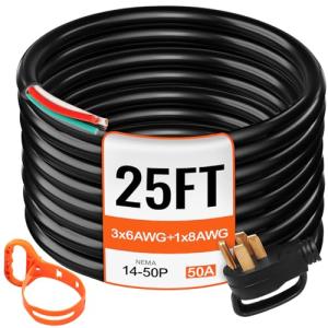 VEVOR 25 FT 50 Amp Generator Extension Cord 6 Gauge STW 6/3+8/1 RV Power Cord N14-50P to Bare Wire, Cut Wire for Trailer Motor Campers Home Generator