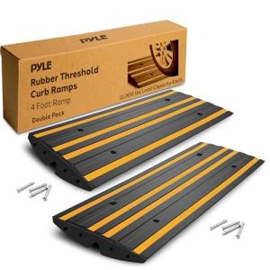 Pyle 8 Ft. Rubber Curb Ramp Set - Pack of 2 Heavy Duty Non-Slip Threshold Ramps for Driveways & Sidewalks, Waterproof, Yellow Reflective Strips, Expansion Screws Included, 48’’x16’’x2.6’’ Inches