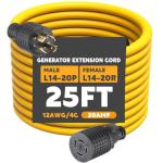 Tellegloww 25 ft 20 Amp Generator Extension Cord Compatible with NEMA L14-20P Male Plug to L14-20R Female Receptacle 4 Prong Twist Locking Generator Power Cord, STW 4x12 Gauge, 250 Volt 5000 Watts