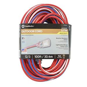 Southwire Extension Cord - Built for Outdoor & Indoor Power Use with Contractor-Grade Durability - Heavy-Duty SJTW Jacket - UL Certified - 12/3 SJTW - Red/White/Blue - 100 Foot
