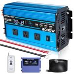 EFFORTWAY 2000W Pure sine Wave Inverter 4000W (Peak) DC 12V to AC 110V/120V Converter with LCD Display Wireless/Wired Remote Control 3AC Outlets and 4USB for Camping RV Travel Off-Grid Solar Systems