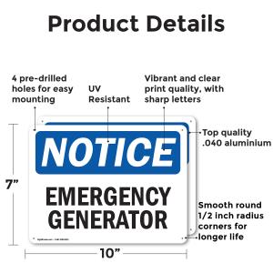 Emergency Generator OSHA Notice Sign - 2 Pack