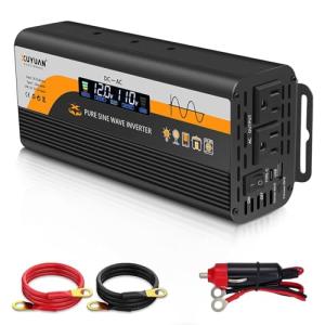 500W Pure Sine Wave Inverter (1000W Peak), 12V/24V Auto-Detect, 50Hz/60Hz Switchable, LCD Display, Type-C Fast Charging, Silent Design, Overload & Overheat Protection for RV, Home (Black-500W)