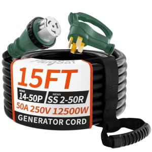 PlugSaf 50 Amp Generator Cord, 15FT 50 Amp RV Extension Cord with Twist Lock, Generator Cable 50A 4 Prong Green, NEMA 14-50P/SS2-50R Heavy Duty STW Wire for RV Camper & House
