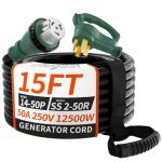 PlugSaf 50 Amp Generator Cord, 15FT 50 Amp RV Extension Cord with Twist Lock, Generator Cable 50A 4 Prong Green, NEMA 14-50P/SS2-50R Heavy Duty STW Wire for RV Camper & House